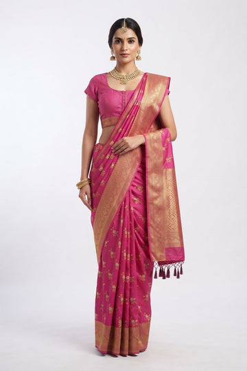 Elegant Rani Pink Art Silk Saree With Gold Zari Border And Floral Butis