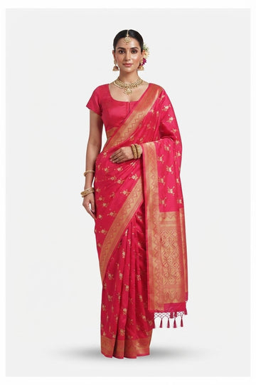 Elegant Rose Pink Banarasi Art Silk Saree With Golden Zari Floral Butis