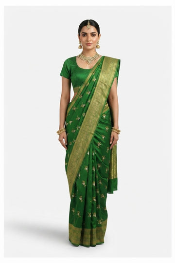 Elegant Emerald Green Silk Saree With Golden Zari Border And Floral Motifs