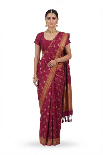 Elegant Deep Magenta Silk Saree With Gold Zari Border And Floral Embroidered Butis
