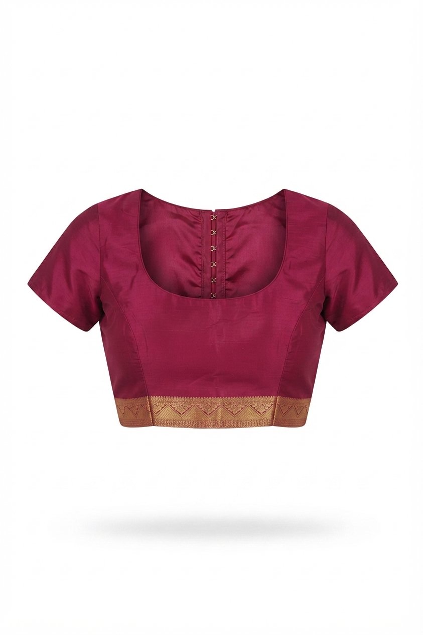 Elegant Deep Magenta Silk Saree With Gold Zari Border And Floral Embroidered Butis