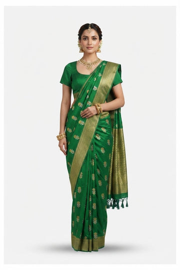 Elegant Emerald Green Banarasi Silk Saree With Gold Zari Floral Motifs