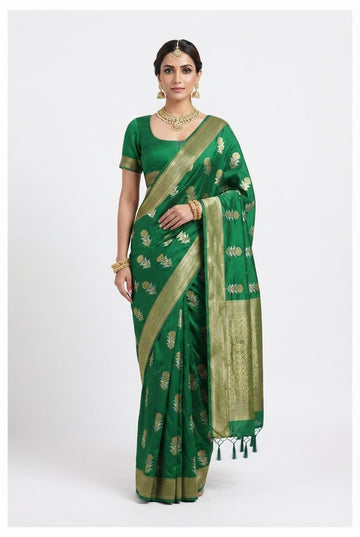 Elegant Emerald Green Banarasi Art Silk Saree With Gold Zari Border And Floral Butis