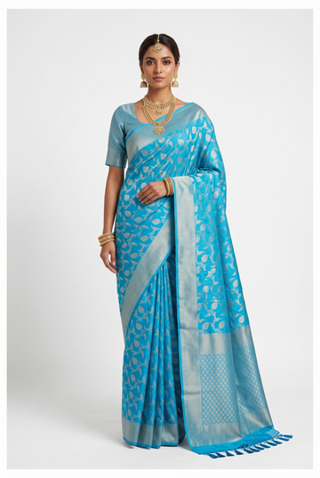 Elegant Turquoise Blue Banarasi Art Silk Saree With Silver Zari Woven Paisley Motifs