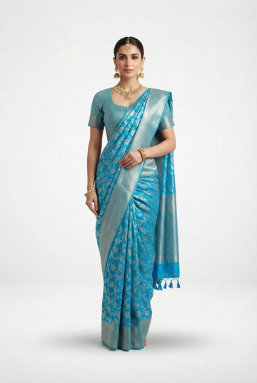Elegant Turquoise Blue Banarasi Silk Saree With Silver Zari Woven Motifs And Tassels