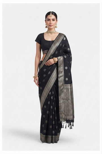 Elegant Black Banarasi Art Silk Saree With Antique Zari Woven Motifs And Tassels
