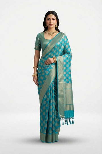 Elegant Teal Blue Banarasi Silk Saree With Golden Zari Leaf Motifs