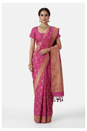 Elegant Magenta Pink Art Silk Saree With Gold Zari Floral Butis And Tassels