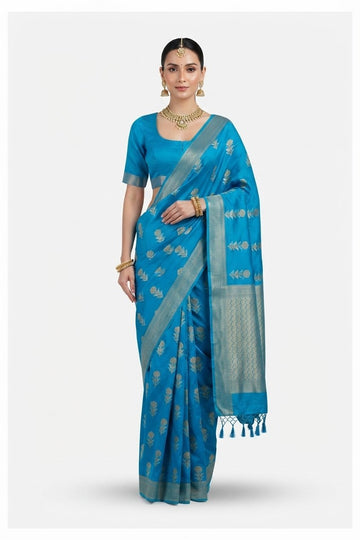 Elegant Turquoise Blue Banarasi Silk Saree With Gold Zari Floral Motifs