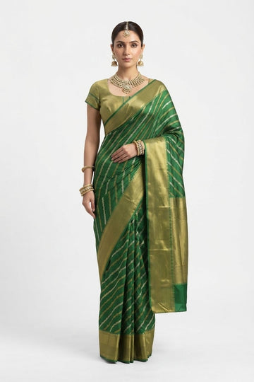 Elegant Emerald Green Silk Saree With Gold Zari Leheriya Stripes