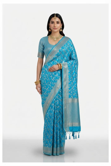 Elegant Turquoise Blue Silk Saree With Silver Zari Floral Weave