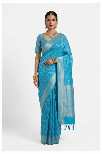 Elegant Sky Blue Banarasi Silk Saree With Silver Zari Floral Weaving