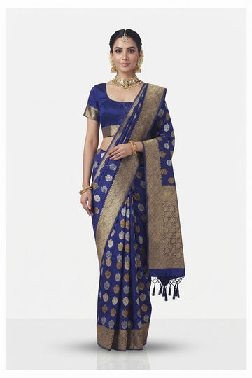 Royal Blue Banarasi Silk Saree With Sona Rupa Zari Butas And Ornate Border