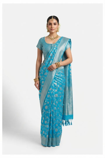 Elegant Turquoise Blue Banarasi Silk Saree With Silver Zari Floral Weave