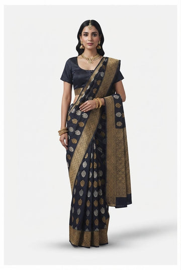 Elegant Charcoal Black Banarasi Silk Saree With Sona Chandi Zari Motifs