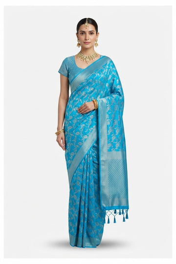 Elegant Turquoise Blue Banarasi Silk Saree With Silver Zari Jaal And Tassels