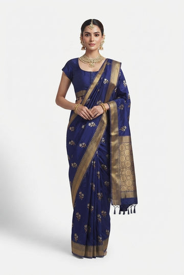 Elegant Royal Blue Silk Saree With Rich Gold Zari Border And Floral Butis