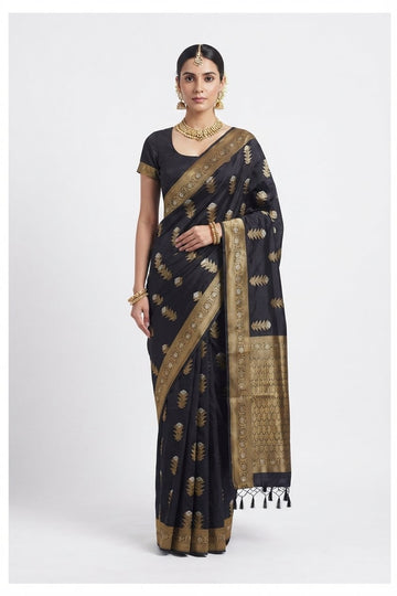 Classic Black Art Silk Saree With Golden Zari Foliage Motifs