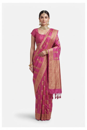 Elegant Rani Pink Banarasi Silk Saree With Ornate Golden Zari Work And Tassels