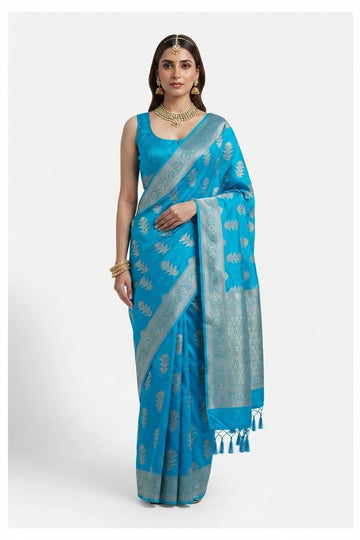 Elegant Turquoise Blue Banarasi Silk Saree With Silver Zari Woven Butas
