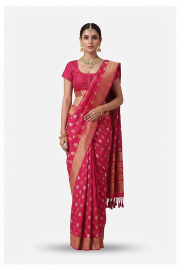 Elegant Pink Banarasi Art Silk Saree With Golden Zari Work