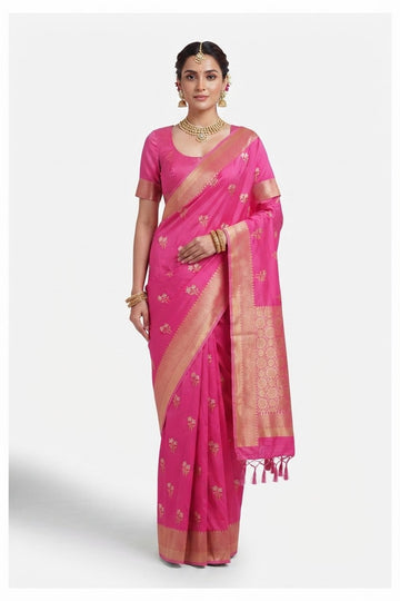 Elegant Rani Pink Banarasi Silk Saree With Gold Zari Floral Butis And Ornate Border