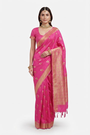 Elegant Pink Banarasi Art Silk Saree With Golden Zari Work