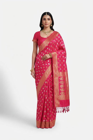 Elegant Rani Pink Banarasi Silk Saree With Golden Zari Weaving And Tassels
