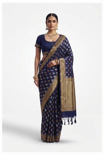 Elegant Navy Blue Art Silk Saree With Gold Zari Motifs And Tassels