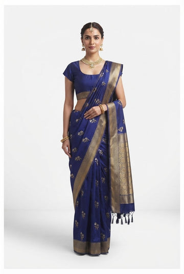 Elegant Royal Blue Silk Blend Saree With Gold Zari Floral Butis And Rich Woven Border