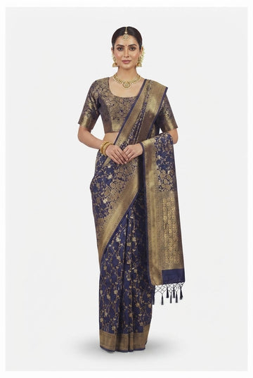 Elegant Navy Blue Banarasi Silk Saree With Golden Zari Jaal Work