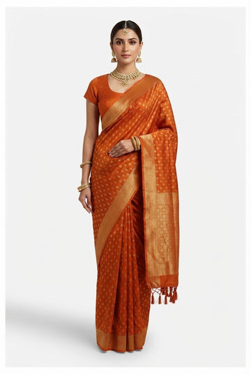 Elegant Rust Orange Banarasi Silk Saree With Golden Zari Weaving