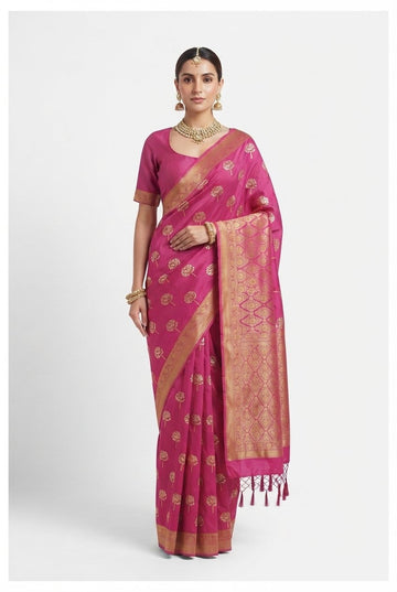 Elegant Magenta Pink Banarasi Art Silk Saree With Gold Zari Tree Butas