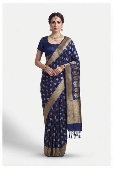 Elegant Royal Blue Banarasi Silk Saree With Golden Zari Weaving