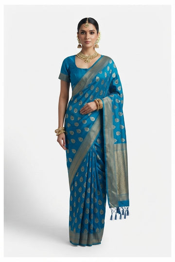 Elegant Peacock Blue Banarasi Art Silk Saree With Golden Zari Weaving