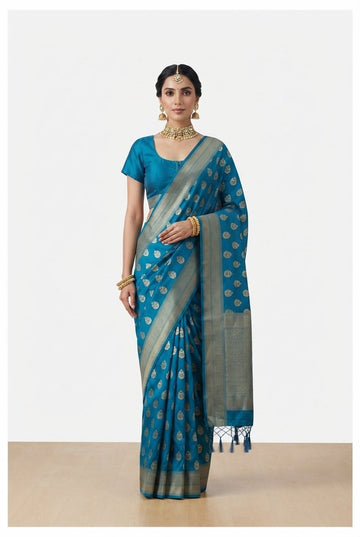 Elegant Teal Blue Banarasi Silk Saree With Golden Zari Leaf Motifs