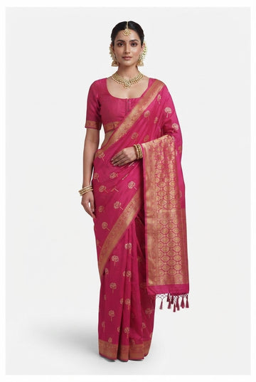 Elegant Rani Pink Silk Saree With Gold Zari Tree Motifs And Tasseled Pallu