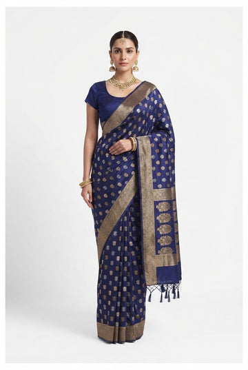 Elegant Royal Blue Banarasi Silk Saree With Intricate Gold And Silver Zari Weaving