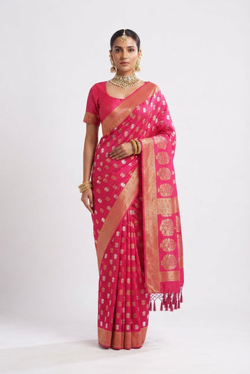 Elegant Fuchsia Pink Banarasi Silk Saree With Zari Weaving And Tassels
