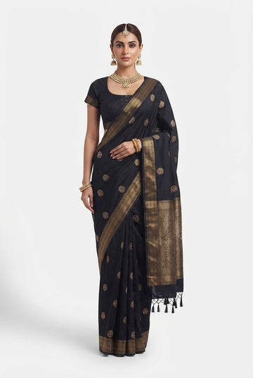 Elegant Black Banarasi Silk Saree With Antique Gold Zari Weaving And Tassels