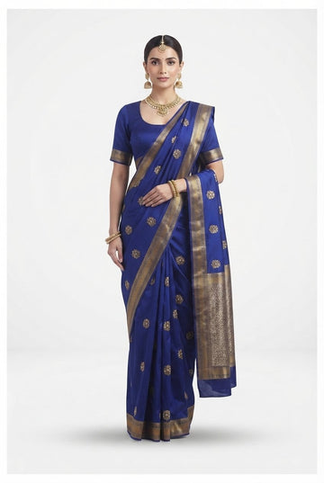 Elegant Royal Blue Banarasi Silk Saree With Gorgeous Gold Zari Motifs