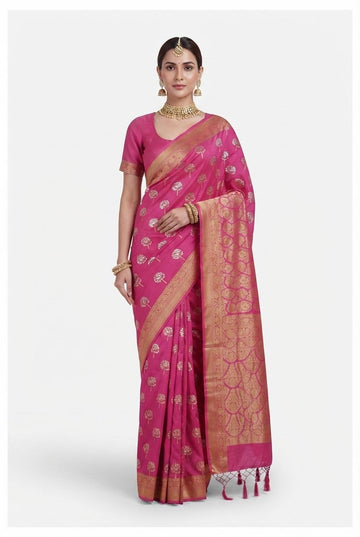 Elegant Fuchsia Pink Silk Blend Saree With Gold Zari Tree Motifs And Ornate Border