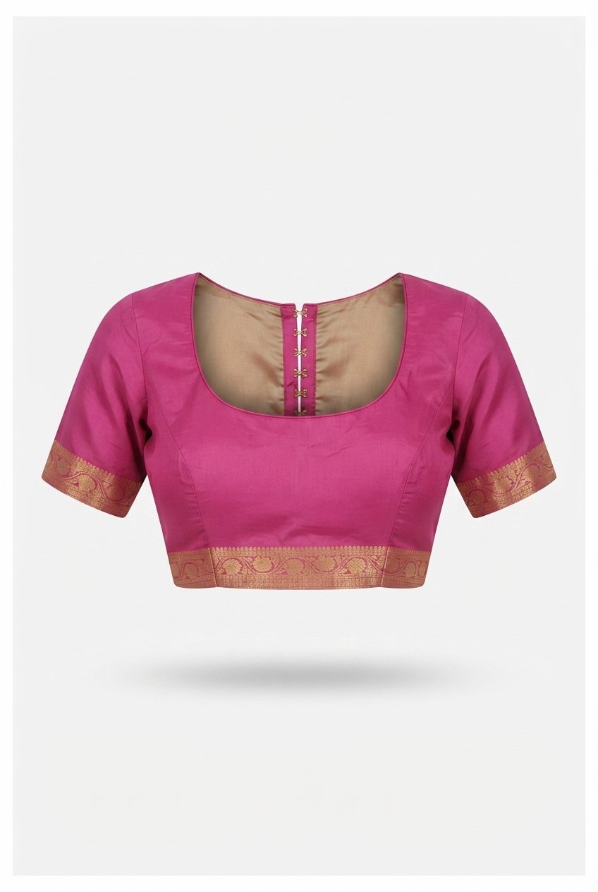 Elegant Fuchsia Pink Silk Blend Saree With Gold Zari Tree Motifs And Ornate Border