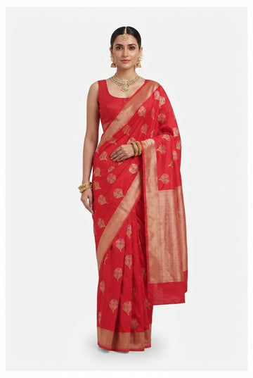 Elegant Red Chanderi Silk Saree With Golden Zari Floral Motifs