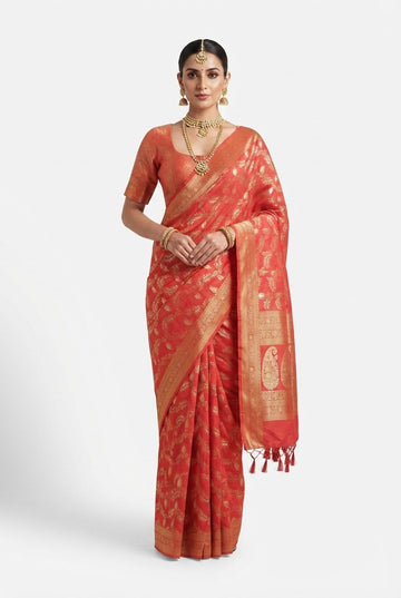 Elegant Coral Orange Banarasi Silk Saree With Intricate Gold Zari Jaal Work