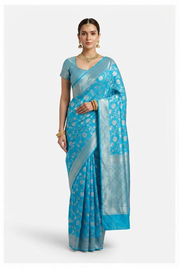 Turquoise Blue Banarasi Silk Saree With Intricate Silver Zari Floral Weave