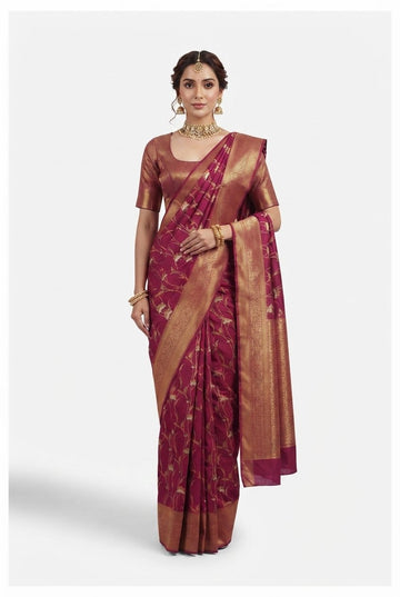 Elegant Wine Magenta Banarasi Silk Saree With Intricate Gold Zari Floral Jaal