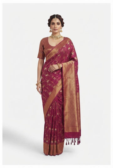 Elegant Magenta Silk Saree With Antique Gold Zari Weaving And Tassels