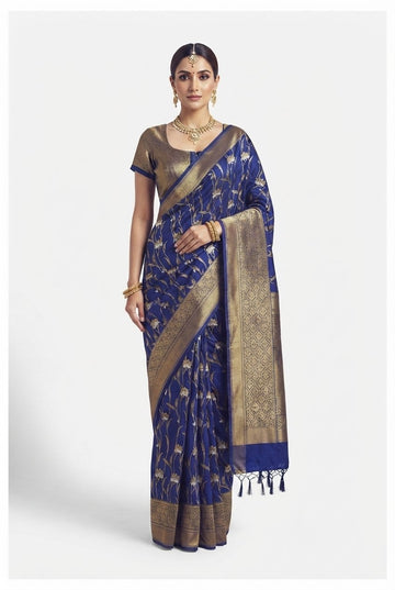 Elegant Royal Blue Banarasi Art Silk Saree With Gold Zari Floral Jaal