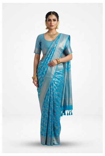 Elegant Sky Blue Banarasi Silk Saree With Silver Zari Weaving